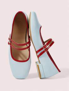 CUCCOO DOLLMOD 女士红色格子玛丽珍鞋，平底方头，校园风日系可爱低跟鞋，春季鞋款，春假复活节圣诞节适用。 - 淺藍色 - 查看 2