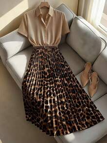 Franclia Commuter Outdoor Shirt Collar Cinched Waist Leopard Print Cinched Waist Women's Mid-Length Dress - Multicolor - View 3