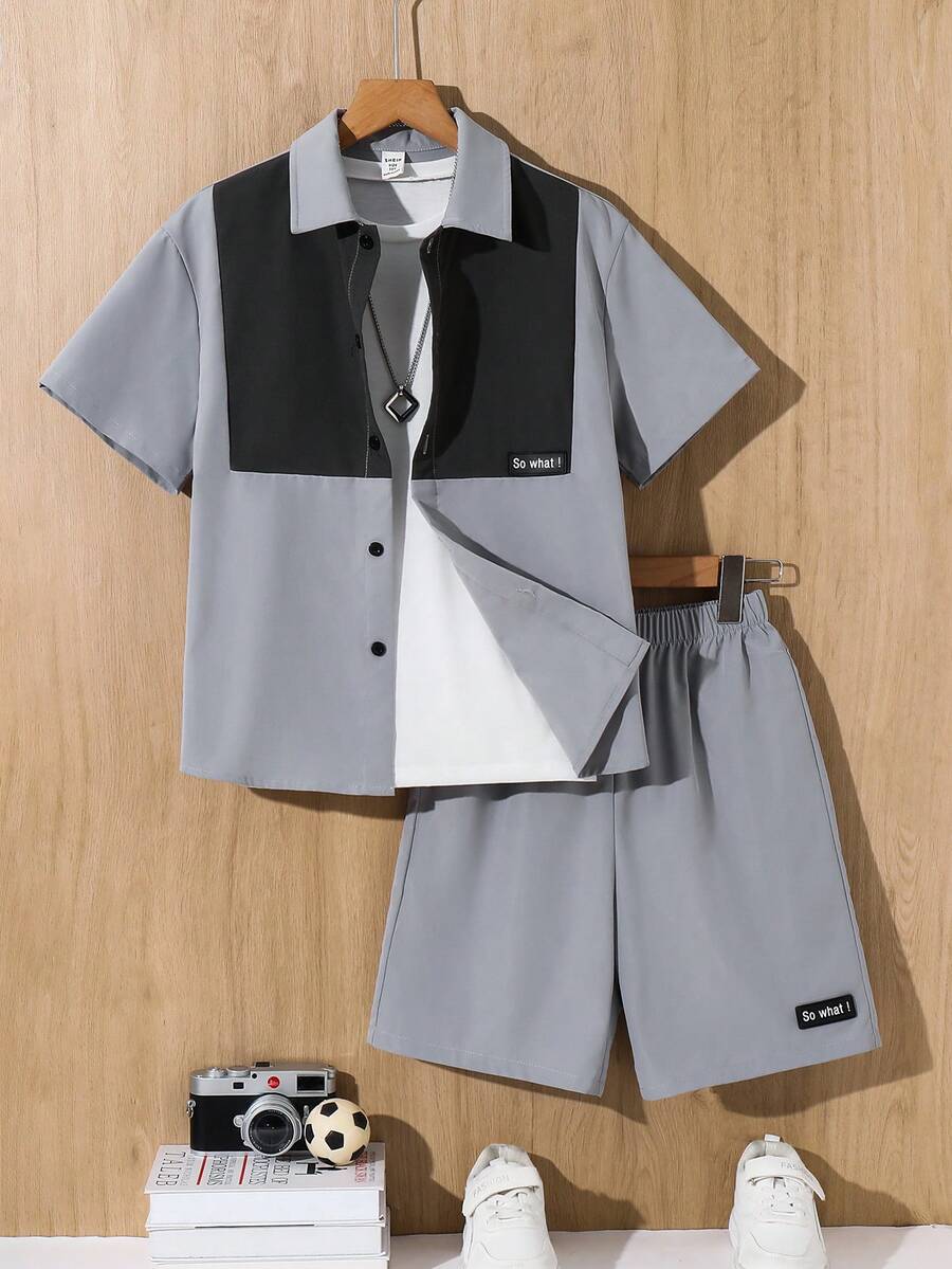 SHEIN 2pcs Tween Boys' Casual Color-Blocked Shirt And Loose Shorts Set, Suitable For Commuting, School, Daily Casual, Vacation, Sports, Spring/Summer/Autumn/Winter 15 Year Old Boy Clothes Shorts Boys Short Suit Tween Boy Clothes Short Set - Grey - View 1