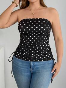 SHEIN Tall CURVE Áo ống chấm bi tối giản, ôm sát, thời trang dành cho nữ cỡ lớn, thích hợp cho mùa hè, kỳ nghỉ, ngày lễ tình nhân, lễ tốt nghiệp, kỳ nghỉ, phong cách thường ngày, chấm bi, áo đen, kỳ nghỉ biển, áo quây cho nữ. - màu đen - Xem 6