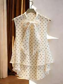 GlowEve Women's Polka Dot Print Tie Collar Ruffle Hem Sleeveless Blouse - Apricot - View 1