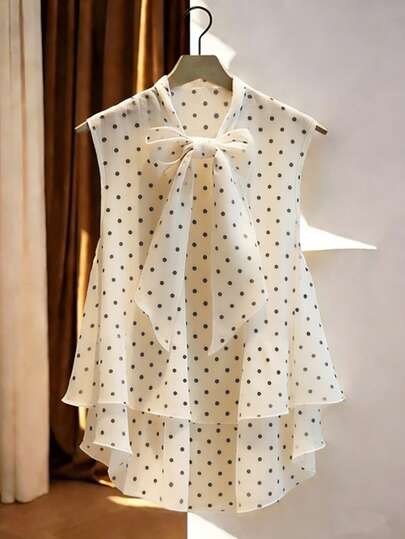 GlowEve Blouse sans manches pour femmes avec col à nouer, ourlet à volants, imprimé pois noir et blanc, style vintage élégant, pour la Fête des enseignants, le bureau, les thés de l'après-midi, l'été