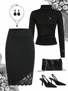 SHEIN Clasi 女士优雅撞色蕾丝修身铅笔裙，黑色休闲夏季女装，女士休闲优雅中长裙，修身，弹力，百搭，经典，适合办公室穿着，教师服装 - 黑色 - 查看 4