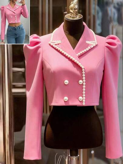 GlowEve Chaqueta de mujer con cuello rosa, diseño de alta gama, decoración de perlas, cintura ceñida, manga larga ajustada, elegante y sofisticada, adecuada para el Día de San Valentín, Pascua, Carnaval, Día del Trabajo, regalos de cumpleaños, citas, fiestas, ocasiones formales, atuendos de maestro, looks de alta vibra, viajes y vacaciones, ropa de primavera