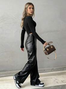 Dewbera 1件装女士黑色宽松仿皮裤，百搭时尚 - 彩色 - 查看 4