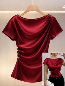 GlowEve 优雅休闲日常女式短袖T恤，法式酒红色缎面面料，弹力褶裥收腰设计，精致珍珠纽扣，适合春夏穿着 - 酒紅色 - 查看 7
