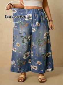 Travachic 大码女式印花弹力腰阔腿宽松休闲牛仔裤 - 中等水洗藍 - 查看 3