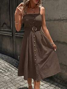 Chiquease 纽扣前开襟系带吊带连衣裙长款女装 - 棕色 - 查看 6