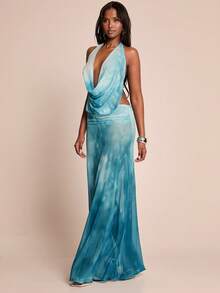 SHEIN BAE Đầm ôm sát màu xanh dương trơn, hở lưng, dây mảnh, kiểu dáng thanh lịch cho kỳ nghỉ biển, đầm dài hở lưng, thích hợp cho mùa xuân/hè, phong cách bohemian, đầm ôm sát. - Màu xanh lam - Xem 4