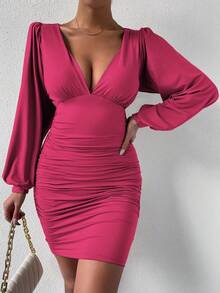 SHEIN Allurite 女士纯色极简深V领长袖休闲连衣裙 - 玫紅色 - 查看 4