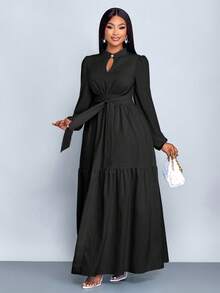 SOLERSUN 大码女装纯色宽松休闲立领前开衩水滴扣高端设计长袖腰带修身A字长裙，优雅舒适休闲时尚通勤气质连衣裙，新款，日常穿着，新年、秋季、冬季、约会、圣诞节，女装 - 黑色 - 查看 4