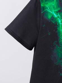 SHEIN 男童休闲时尚酷炫经典霓虹印花短袖圆领T恤，适合夏季穿着 - 黑色 - 查看 4