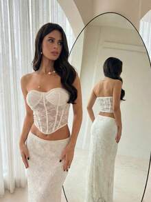 Firerie Body elegante, exquisito, romántico y sexy de encaje transparente para mujer, adecuado para el Día de San Valentín, citas, fiestas, bodas, festivales y vacaciones - Blanco - Ver 2