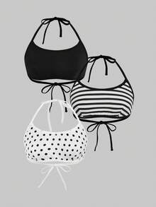 ROMWE Goth 3pcs Casual Striped & Polka Dot Halter Neck Camisole - Multicolor - View 1