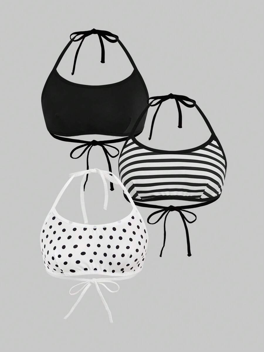 ROMWE Goth 3pcs Casual Striped & Polka Dot Halter Neck Camisole - Multicolor - View 1