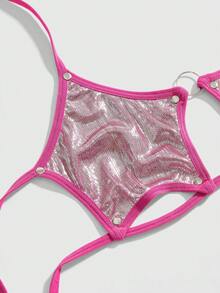 ROMWE Grunge Punk 4件套暗黑朋克音乐节明星系带文胸、丁字裤、吊袜带性感内衣套装 - 粉色 - 查看 3