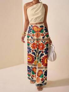 Zivah Casual Vacation Style Geometric Print Placement Pattern One Shoulder Twist Cutout Cropped Women's Top And Straight Loose Pants With Ruffle Hem Pockets, Women's 2 Pieces Set Suitable For Spring/Summer Vacation - Multicolor - View 5