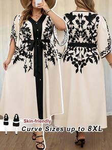 SHEIN CURVE+ Curve 尺码 US22 音乐节、海滨度假、波西米亚风女士撞色印花长连衣裙，印花腰带连衣裙 - 彩色 - 查看 2