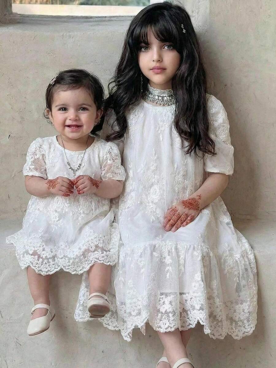 女童优雅蕾丝网纱刺绣泡泡袖宽松A字娃娃裙，女童拼接荷叶边下摆休闲连衣裙，白色，适合日常、婚礼、派对、假日、花童等场合 - 白色 - 查看 1