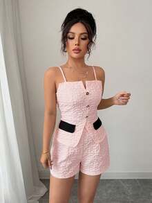 Elenzga 2pcs Women Jacquard Camisole Top And Shorts Set - Pink - View 5