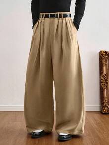 TOKVUE 男士阔腿裤，男士褶裥西装裤，热销INS风长裤，男女通用款，首尔风长裤，休闲纯色宽松阔腿裤，前缝设计，日常男友/老公礼物，周年纪念礼物 - 卡其色 - 查看 7