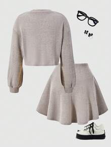 Tween Girl Pink Loose Puff Sleeve Top And Skirt Set, Fashionable For Back To School Wear In Autumn/Winter - Brown - View 2