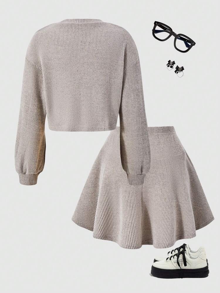 Tween Girl Pink Loose Puff Sleeve Top And Skirt Set, Fashionable For Back To School Wear In Autumn/Winter - Brown - View 2