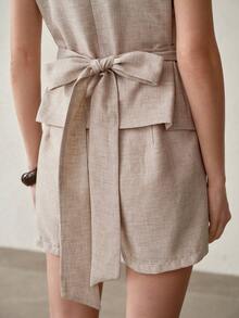 MOTF PREMIUM WOMEN'S DECORATIVE BUTTON TIE WAIST LINEN-LIKE TANK TOP - Khaki - View 5