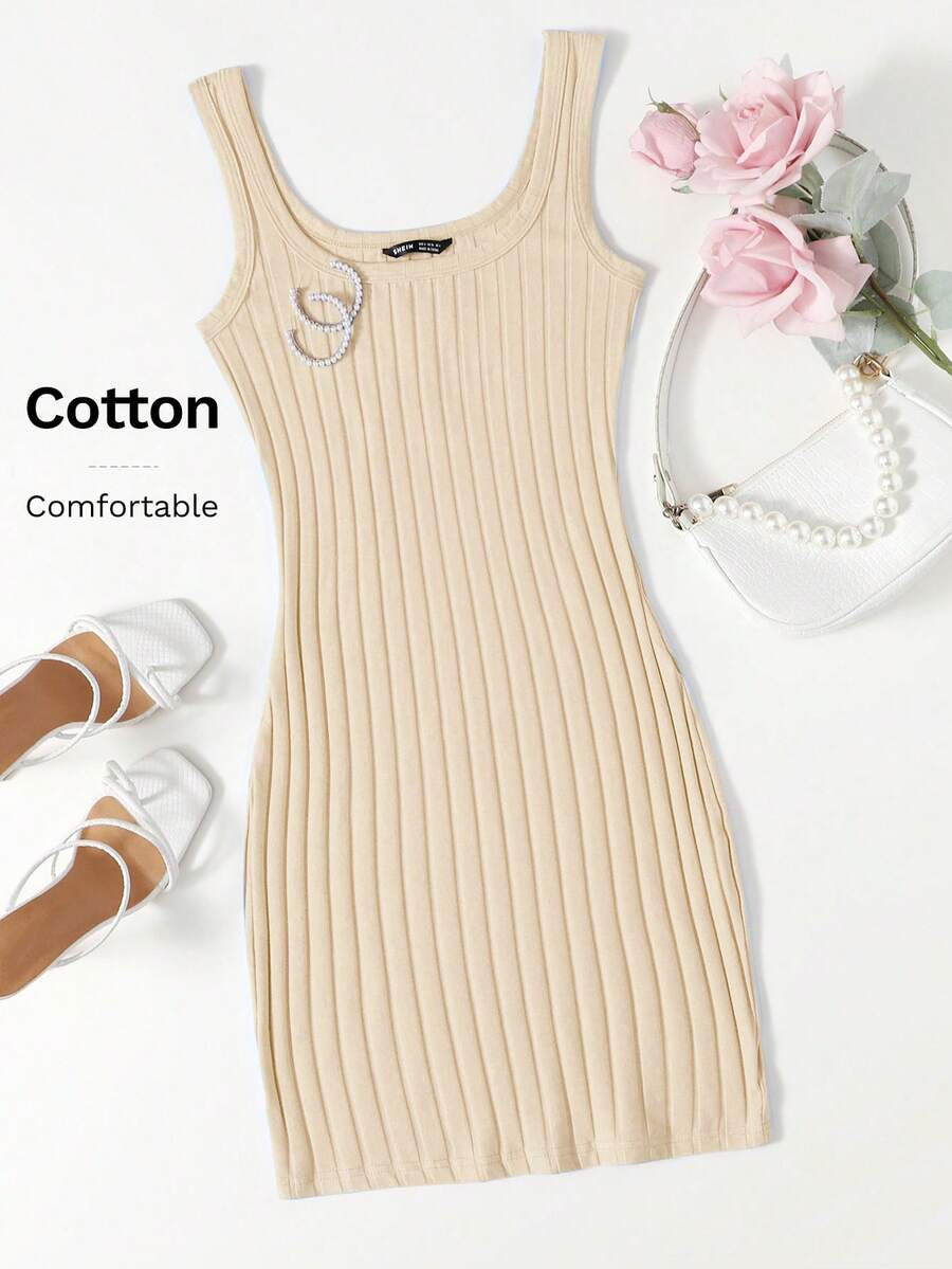 SHEIN Essnce Solid Color Ribbed Knit Sleeveless Scoop Neck Dress - Beige - View 1