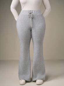 SHEIN Tall CURVE 大码休闲低腰抽绳弹力运动裤喇叭裤运动裤保暖内衬复合绒适合秋冬季 - 灰色 - 查看 7