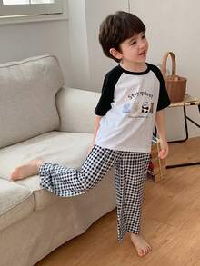 DAZY Young Boy Cartoon Print Round Neck Short Sleeve Top And Plaid Print Pants Pajama Set - White - View 4