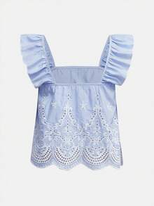 Maija 女士花卉刺绣条纹方领短袖上衣 - 藍色 - 查看 7