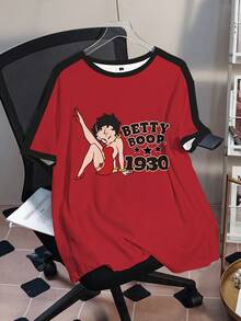 Betty Boop x SHEIN Plus Size Letter & Cartoon Figure Graphic Round Neck Short Sleeve T-Shirt - White - View 1