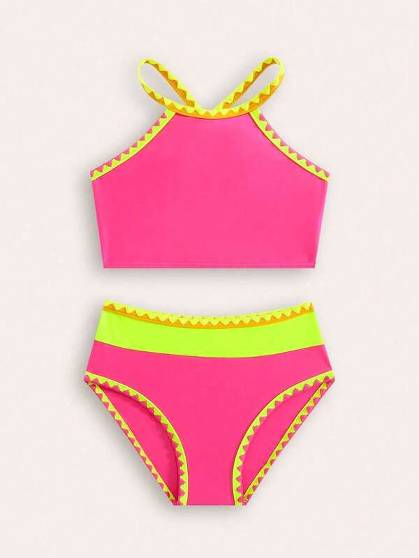 New Stylish Girls 2 Pieces Colorblock Bikini Set Summer Holiday
