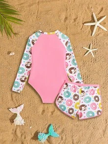 SHEIN Tween 女童时尚撞色甜甜圈印花泳衣套装 - 彩色 - 查看 2