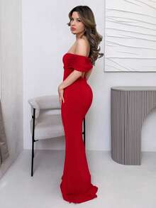 Jemour Women's Solid Color Off Shoulder Sexy See-Through Elegant Fishtail Backless Tight Graduation Season Dress - Burgundy - View 2