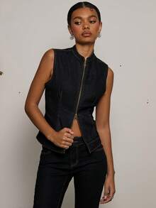 COUREZ FITTED SLEEVELESS DENIM TOP WITH CURVED COLLAR - Dark Wash - View 1