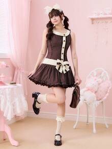 ROMWE Kawaii 复古甜心提拉米苏波点蝴蝶结无袖迷你连衣裙 - 咖啡棕 - 查看 2