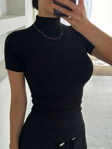 DAZY Áo thun nữ màu đen trơn đơn giản, cổ đứng, tay ngắn, ôm dáng, thích hợp mặc hàng ngày đi làm, mùa hè. - màu đen - Xem 4