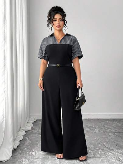 Elenzga Plus Size Women's Spring/Summer Commuter Vintage Striped Patchwork Jumpsuit, Elegant Office Wear Jumpsuit, Commuter Spring/Summer Vacation Patchwork Slim Fit A-Line Flattering Elegant Women's Top, Exclusive New Year Date Jumpsuit Pants, Suitable For Graduation, Holidays, Valentine's Day, Music Festivals, Mother's Day, Halloween, Thanksgiving, Easter, National Day, Dances, Dates, Parties, Weddings, Outings, Etc.