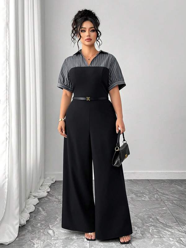 Elenzga Plus Size Women's Spring/Summer Commuter Vintage Striped Patchwork Jumpsuit, Elegant Office Wear Jumpsuit, Commuter Spring/Summer Vacation Patchwork Slim Fit A-Line Flattering Elegant Women's Top, Exclusive New Year Date Jumpsuit Pants, Suitable For Graduation, Holidays, Valentine's Day, Music Festivals, Mother's Day, Halloween, Thanksgiving, Easter, National Day, Dances, Dates, Parties, Weddings, Outings, Etc.