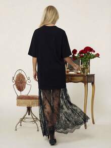 Aloruh 女士休闲黑色蕾丝拼接宽松连衣裙 - 黑色 - 查看 6