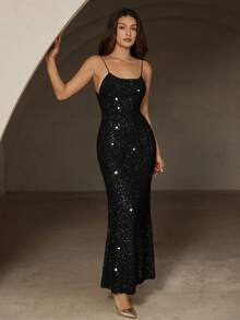Revavyn Sequin Slip Dress, Minimalist & Elegant Design, Suitable For Evening Gala, Party - Black - View 5