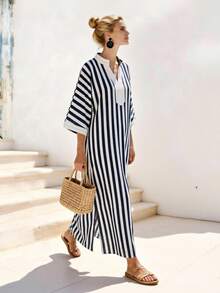 Balvessa 蓝白条纹V领系带拼接连衣裙，女士度假装 - 藍色 - 查看 3