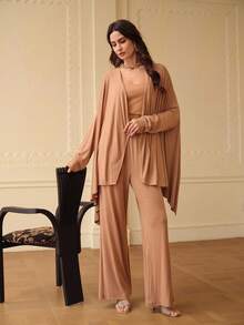 ZEYLAH Women's Batwing Asymmetric Hem Poncho And Wide Leg Pants Loose Comfortable 2 Pieces Set - Yellow - View 2