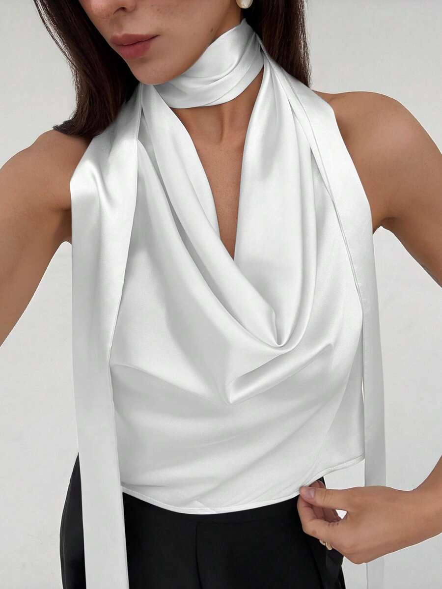 Aloruh 女士杏色优雅女神伴娘婚礼派对约会浪漫度假飘逸露背吊带性感上衣，夏季 - 白色 - 查看 1