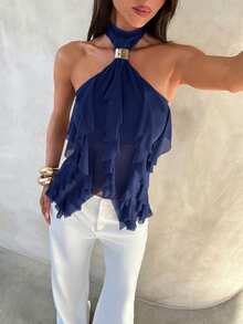 Aloruh Women's Elegant Multi-Layer Ruffle Trim Stand Collar Fitted Tank Top - Navy Blue - View 6