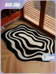 Modern Black And White Abstract Wave Pattern Area Rug - Soft, Hand Washable, Non-Slip Diatom Mud Mat For Living Room Or Bedroom Decor, Minimalist Indoor/Outdoor Use, Indoor Area Rug Versatile Floor Mat Polyester Fiber Rug Back To School - Black and White - View 2