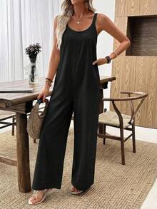 Faunlyn 女士休闲纯色卡其色阔腿连体裤 宽松版型连体裤 阔腿连体裤 度假连体裤 女士休闲连体裤 - 黑色 - 查看 4