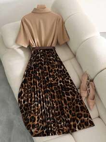 Franclia Commuter Outdoor Shirt Collar Cinched Waist Leopard Print Cinched Waist Women's Mid-Length Dress - Multicolor - View 2